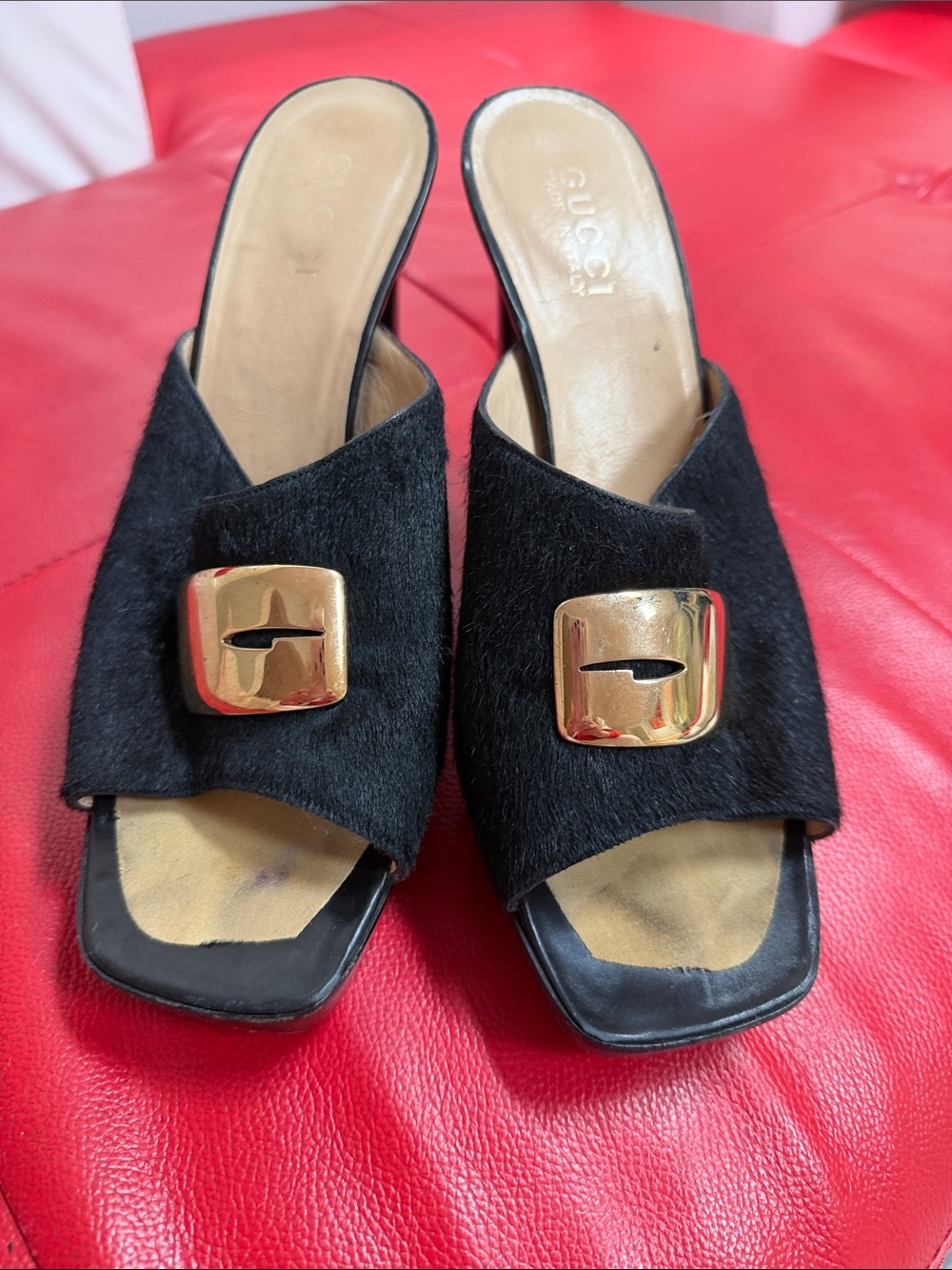 Gucci Black Mules with Gold Square Buckles